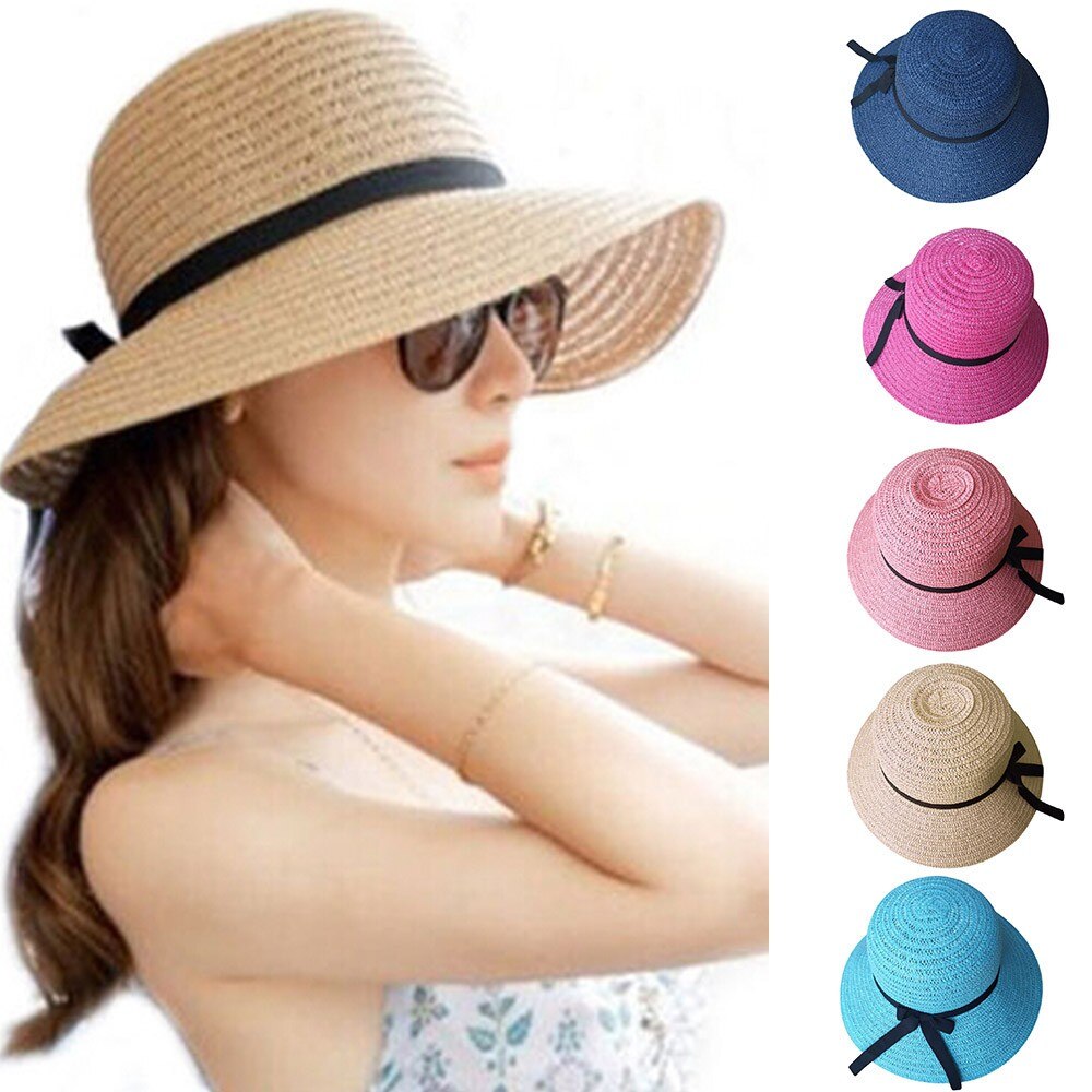 Hat floppy foldbar dame damer strå strandsol sommerhat beige bred skygge