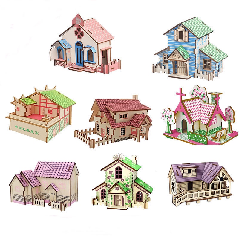 Christmas goods 3D wooden puzzle toy building house DIY manual assembly kit children's educational toys