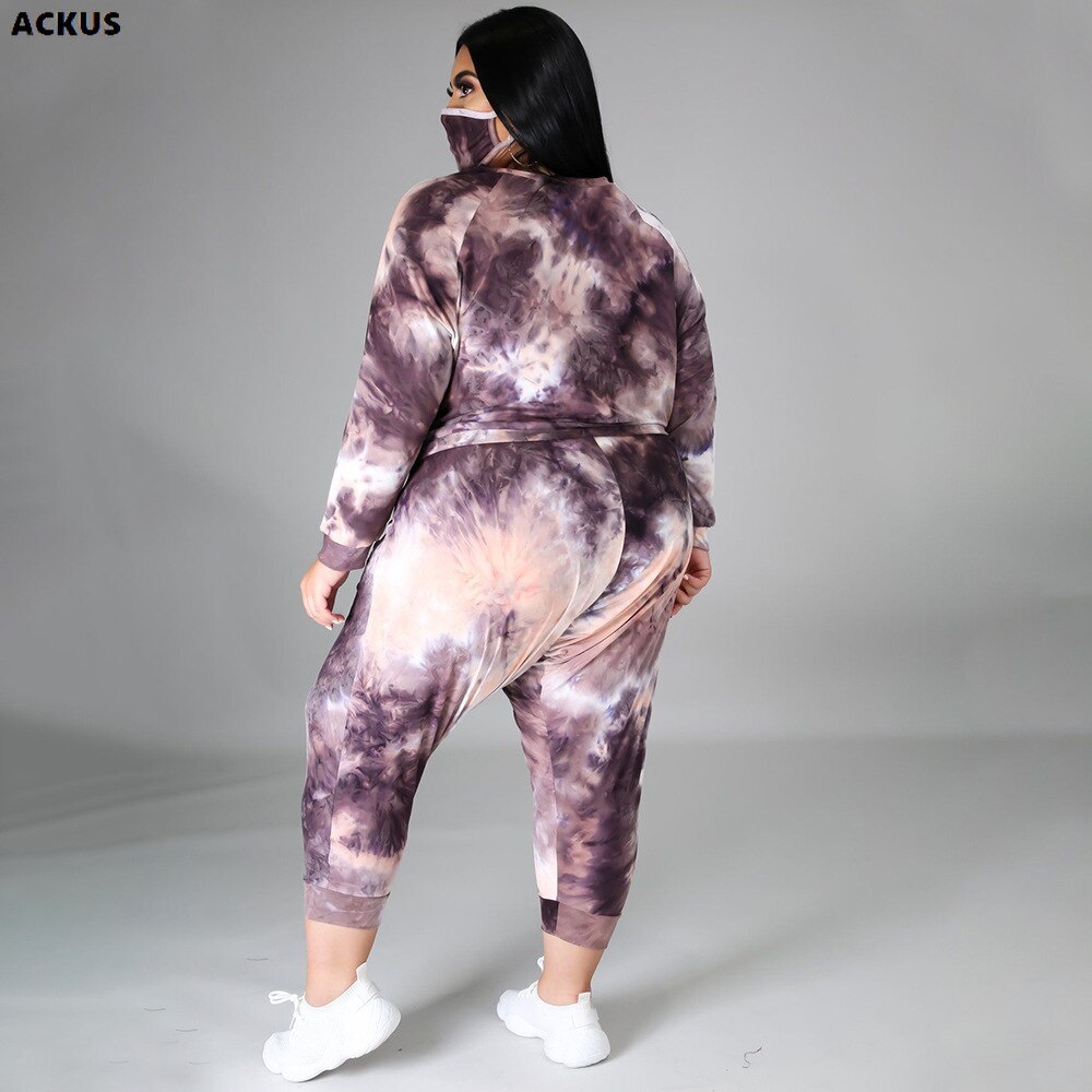 Ackus Vrouwen Plus Size Set Tie Dye Crop Tosp + Stretchy Broek Twee 2 Stuk Sets Mode Outfit Casual Trainingspak sweatsuit Herfst