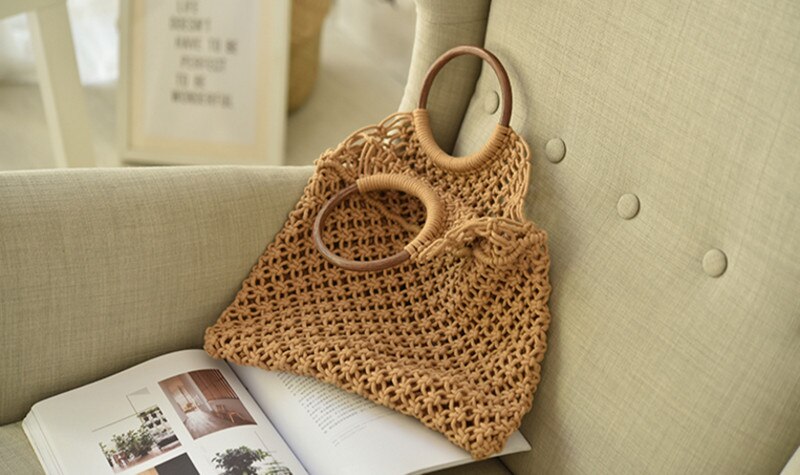 Women's Hollow Out Mesh Rope Weaving Buckle Travel Handbag: Brown