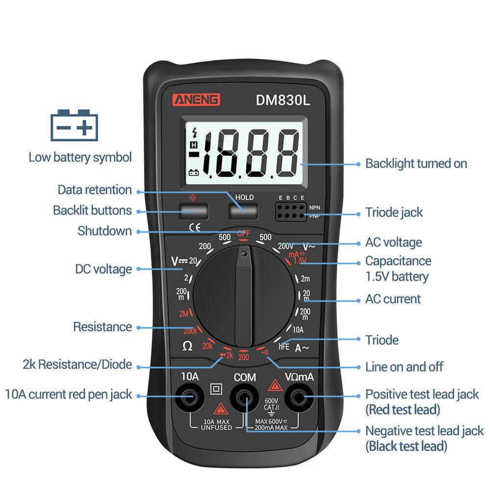 Aneng Dm830l Digital Multimeter 1999 Testers Electric Transistor Capacitance Dc / Ac Multimeter With Lcd Backlight