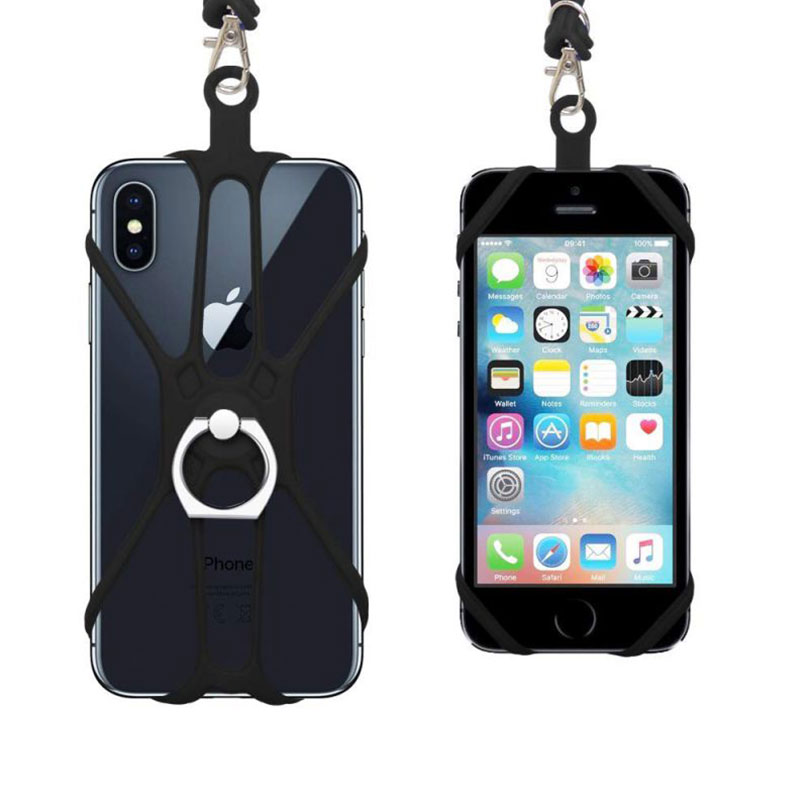 General Purpose Silicone Cell Phone Lanyard Rocontrip Strap Case Holder With Detachable Neckstrap Universal For Smartphone HF: Black