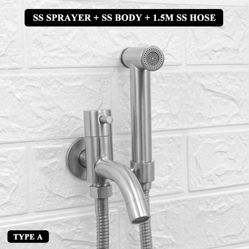 Toilet Bidet Tap Faucet Brushed Stainless Steel Portable Shower Bathroom Bidet Wall Mounted Mop Washer Tap with Shattaf Holder: A Whole Set SS Hose