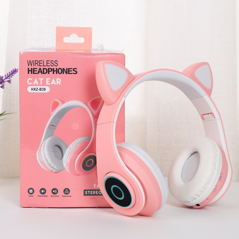Cat ears cute style Wireless Bluetooth Headband Game Headphone for Grils Colorful BT 5.0 Headset Beauty Bluetooth Headphone: headset and box pink