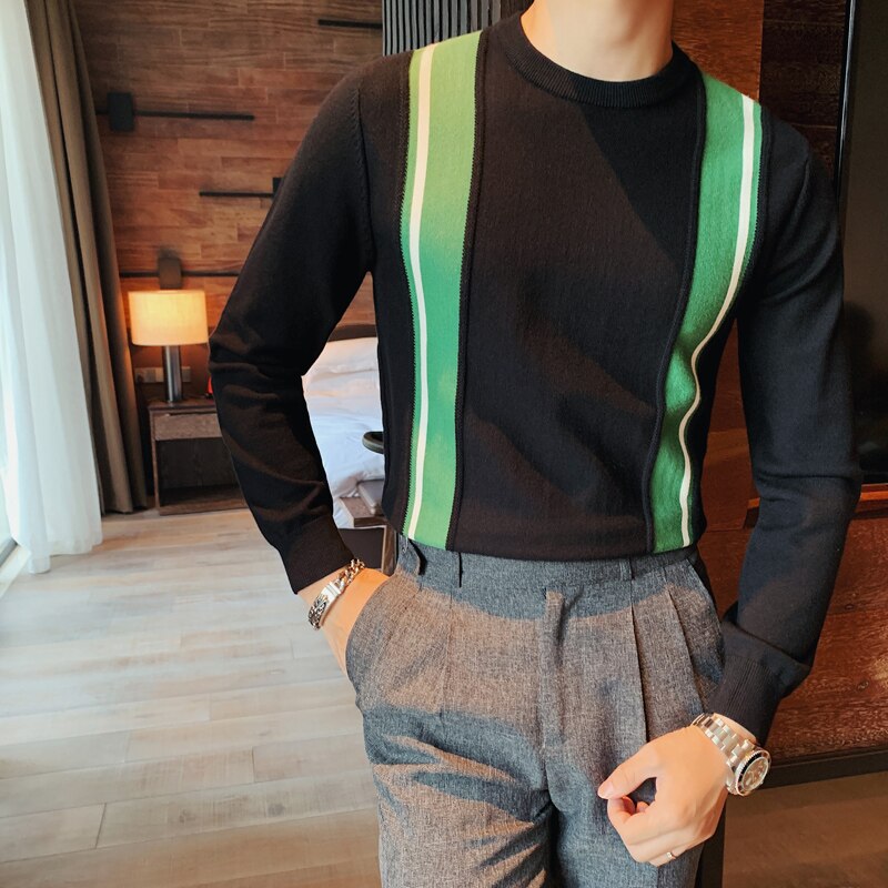 Brittisk stil höst vinter tröja herr långärmade tröjor herr stickade tröjor patchwork färg o-neck pull homme