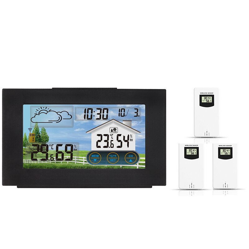 Weather Station Wireless Indoor Outdoor Sensor Touch Screen Digital Thermometer Hygrometer Weather Forecast Snooze Alarm Clock: 3 Sensor