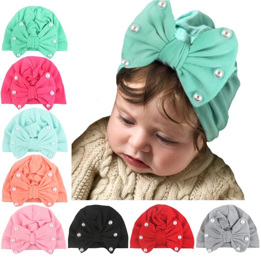 1 st lytwtw& #39 ;s barn rosett pärla barn rosett mössa baby hatt nyfödda flickor kläder tillbehör spädbarn mössa turban solid
