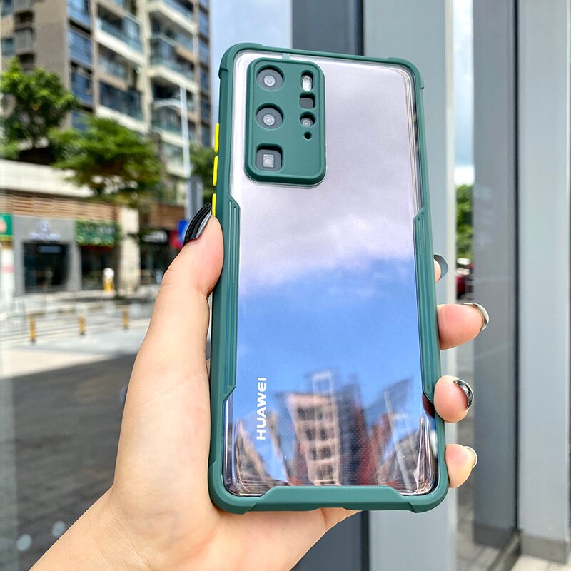 Luksusowe, odporna na wstrząsy rama jasne etui na telefony dla HUAWEI P40 P30 Pro Lite obiektyw pełna ochronna przezroczysta pokrywa dla Huawei P 40 P30: For HuaWei P40 Pro / Czarny zielony