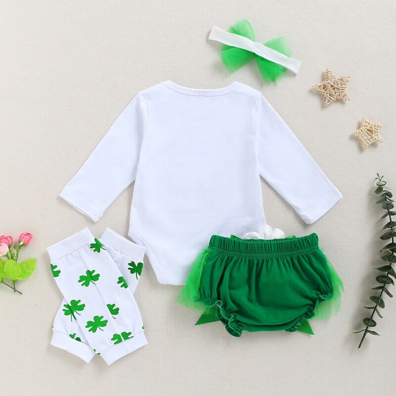 Día de San Patricio niño niña camisetas de manga larga + pantalones cortos de malla + cubierta de pie + traje con diadema 4 Uds conjuntos de trajes
