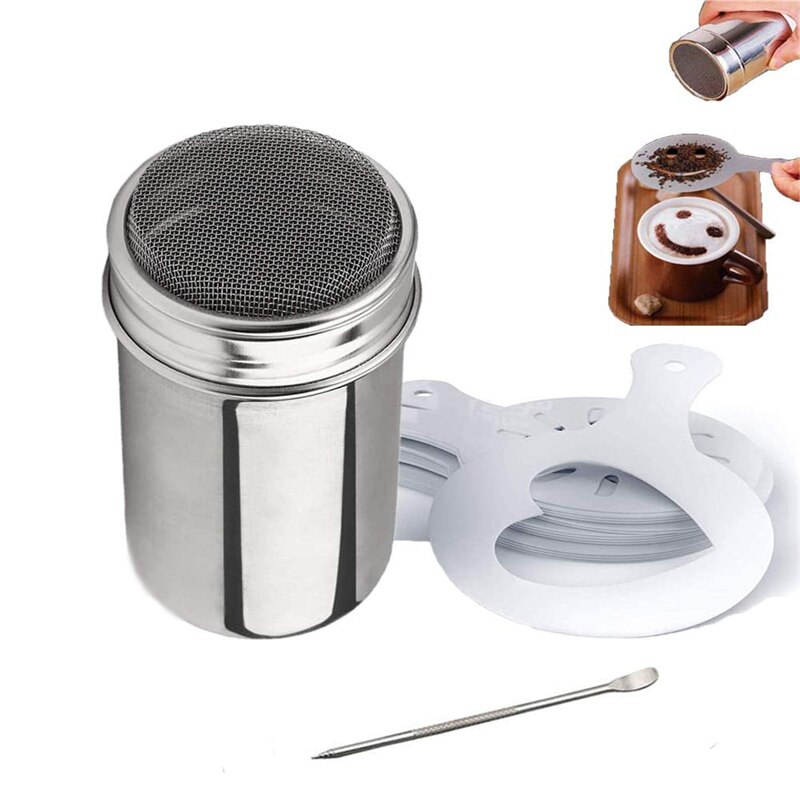 Roestvrijstalen Shaker Met Deksel Chocolade Hagelslag Voor Cappuccino Suiker Cacao Met 16 Koffie Stencil Koffie Pull Pin