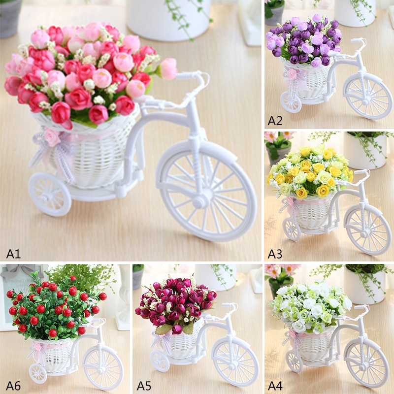 Cesta de mimbre triciclo para bicicleta, florero de almacenamiento para jardín, decoración de boda