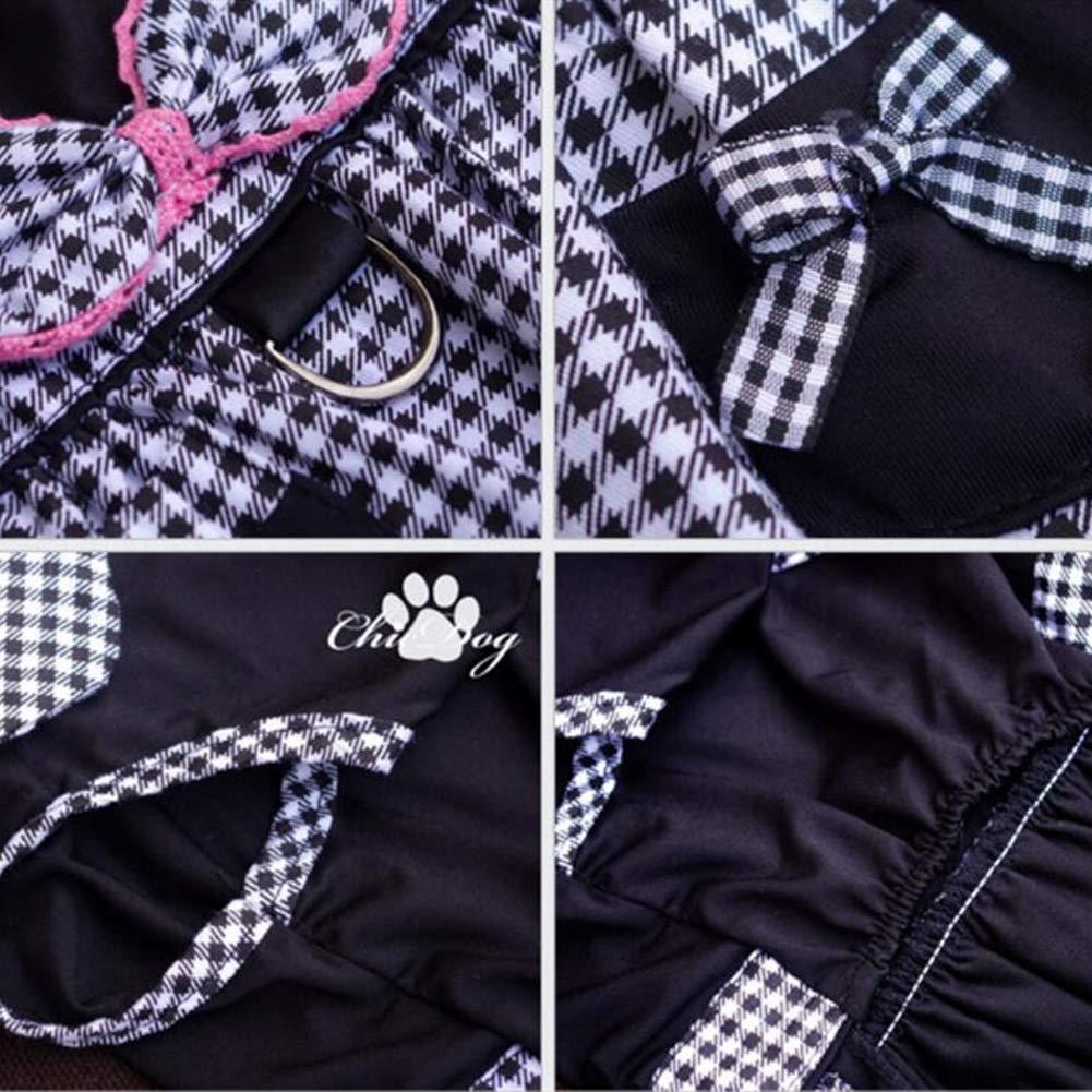 Dog Dresses Black Plaid Dog Clothes Built-in Harness Dress for Dogs Soft Rose Bowknot