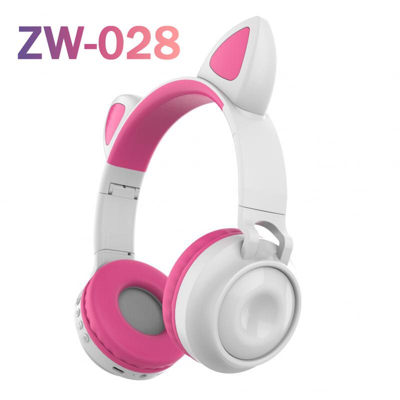 Cute Cat Ear Headphones Wireless Bluetooth 5.0 Adults Kids Girls Glowing LED Headset Support TF Card With Mic for: 04 white pink ZW-028