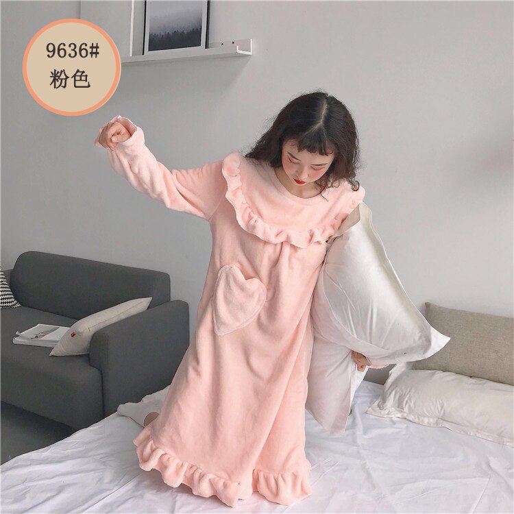 Camisones estampados Kawaii para mujer, ropa para casa suave de terciopelo Coral con volantes, holgados e informales de princesa, para Otoño e Invierno: 9636 pink