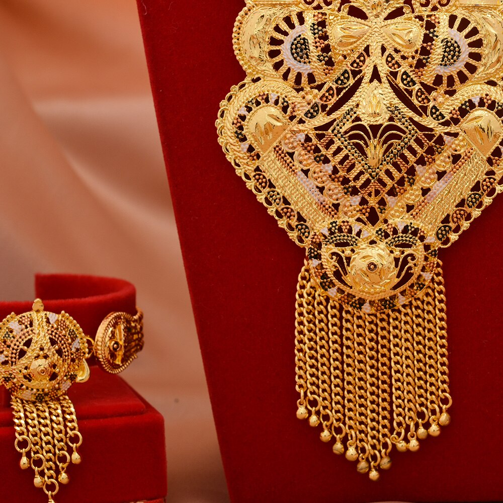 Luksus 24k dubai smykkesæt guldfarvet afrikansk bryllup brude armbånd halskæde øreringe ring smykkesæt til kvinder