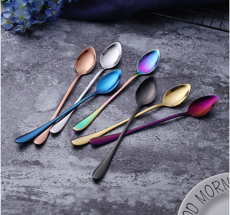 Colorful stainless steel dinner spoons, metal laddle long handle soup spoon, cooking, kitchen table spoon, soup scoop, dinner