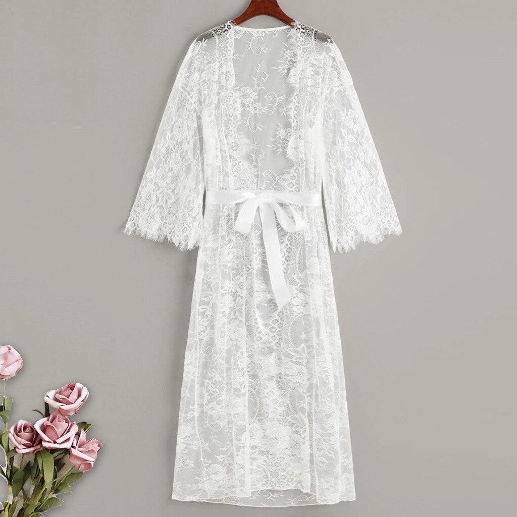 Lace Robe Sexy Nachtkleding Vrouwen See Through Lange Gewaad Nachtkleding Nachtkleding Gown Badjas Nightdres Wit: XL