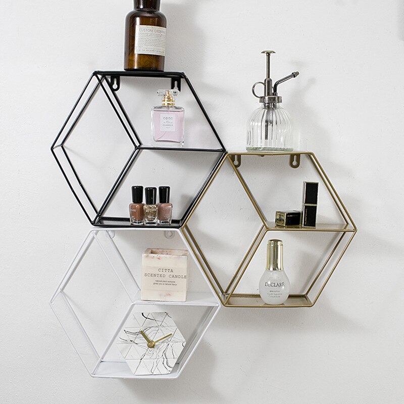 Nordisk stil metal dekorativ hylde rund sekskant opbevaringsholder stativ hylder hjem vægdekoration potte ornament holder stativ