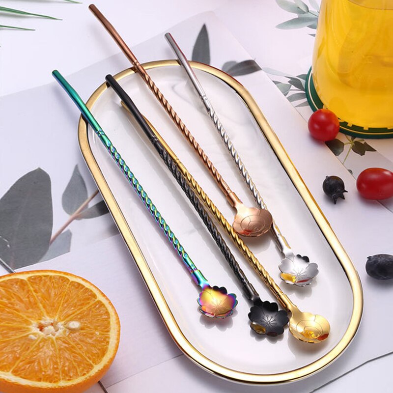 Cuillère en paille Rose torsadée, 1 pièce, fleurs de cerisier, longue paille dorée Portable réutilisable en acier inoxydable, cuillère à remuer pour Cocktail et café