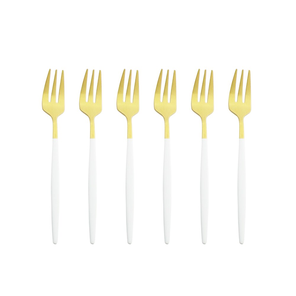 Ensemble de fourchettes à fruits en acier inoxydable, petite fourchette à Dessert en or blanc, ensemble de fourchettes à thé pour gâteau, fourchette à salade, service de couverts 6 pièces: White Gold