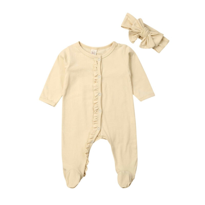 0-12M newborn baby boy girl Footies jumpsuit long sleeve cotton comfortable ruffled solid infant clothes