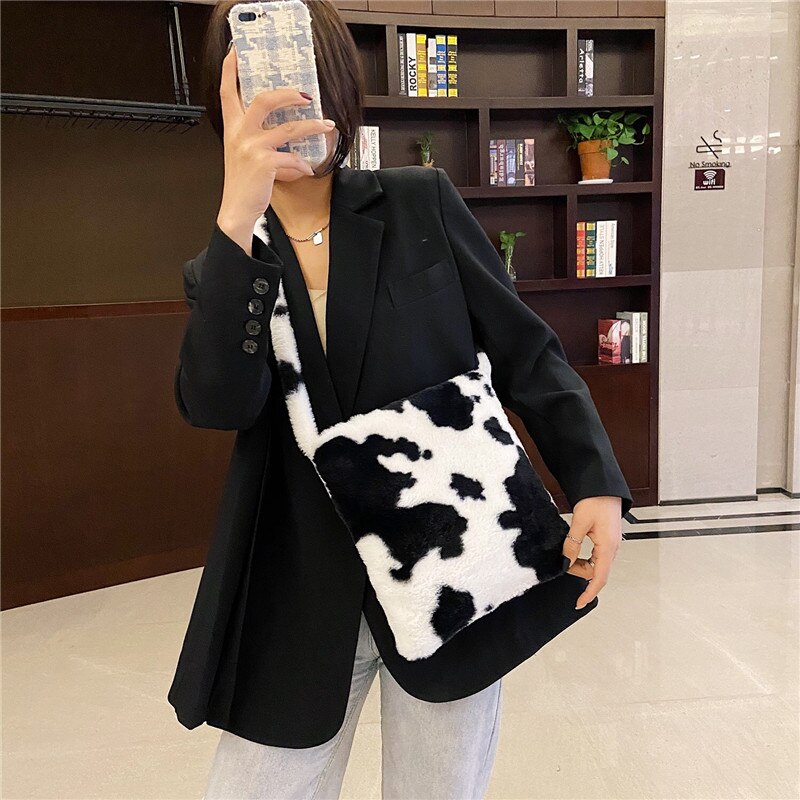 Bolso de hombro esponjoso para mujer, bolsa de hombro con estampado de leopardo, cebra, cuadros, corazón de amor, suave, de felpa, cálido,