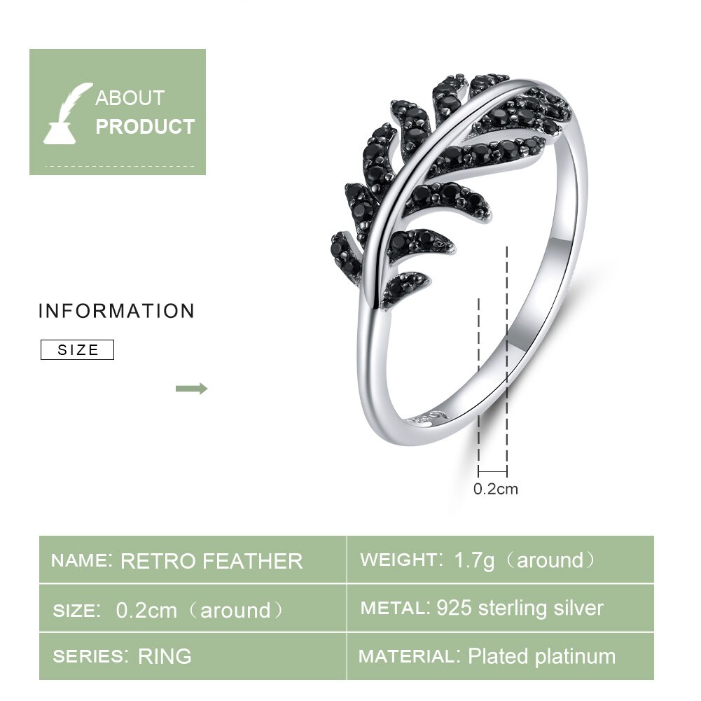 WOSTU retro Anel 925 Sterling Silber Jahrgang Feder Finger Ring für Frauen Schwarz kubisch Zirkon CZ Silber Ring Schmuck CTR131