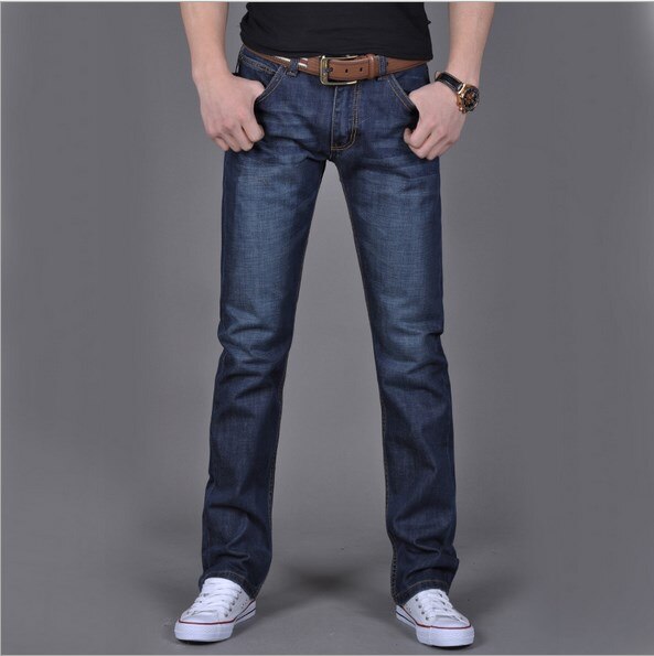 Classdim mænds lige jeans denim marineblå solid lange jeans mandlige klassiske denim jeans: 28