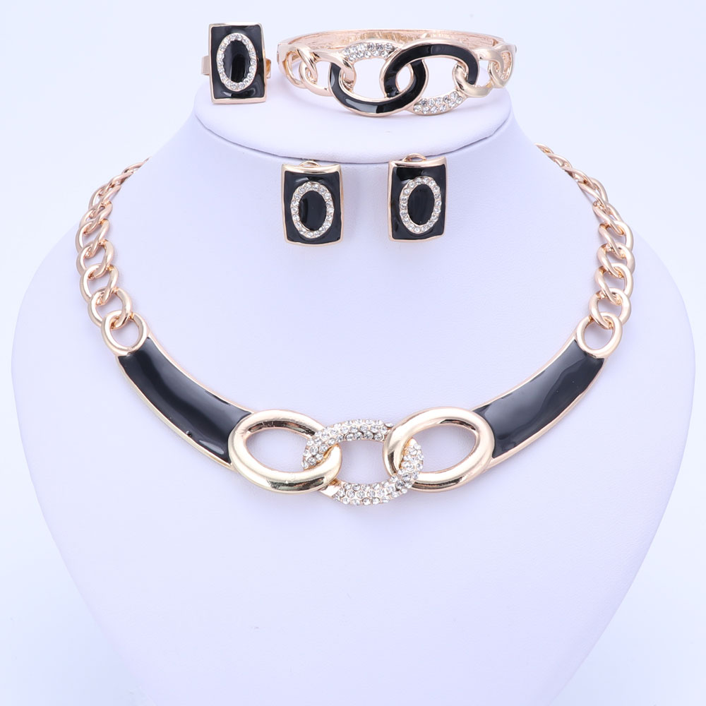 5Colors Jewelry Sets Necklace Ring Bracelet Earrings Wedding Gold Color For Women Crystal Maxi Dress Accessories