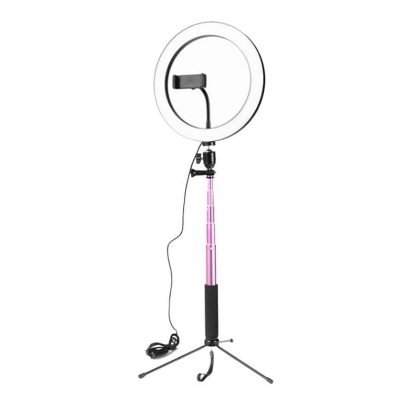26CM Dimmable LED Ring Light Photo Phone Video Light Lamp with Tripods Selfie Stick Ring Light Phone Holder(Pink): Default Title