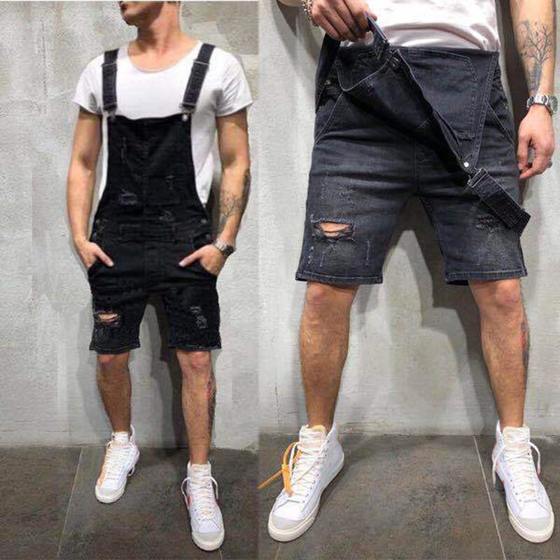 Mono vaquero rasgado a la para Hombre, Peto vaquero desgastado, pantalones cortos informales ajustados hasta la rodilla, color negro: Black / XL