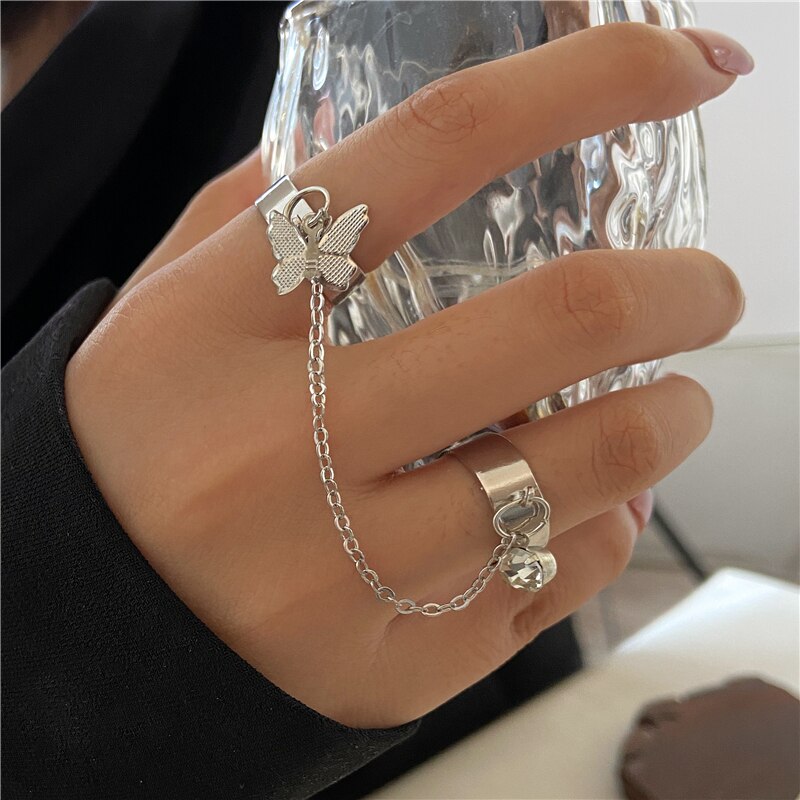 Double Finger Chain Rings for Women Alloy Adjustable Open Finger Ring Party Trend Jewelry: 03