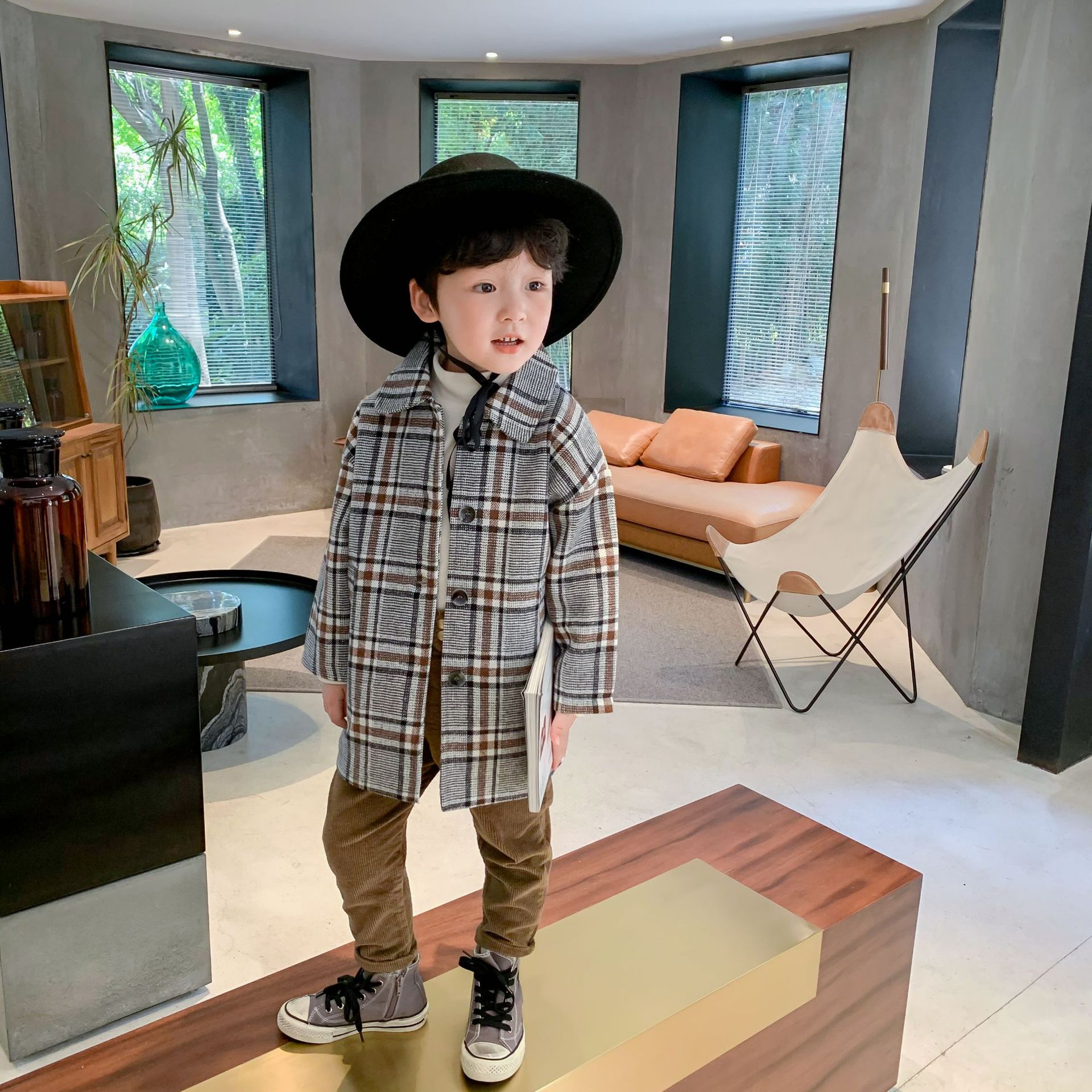 Autumn England style boys woolen plaid long jackets kids outwears children thick casual coats