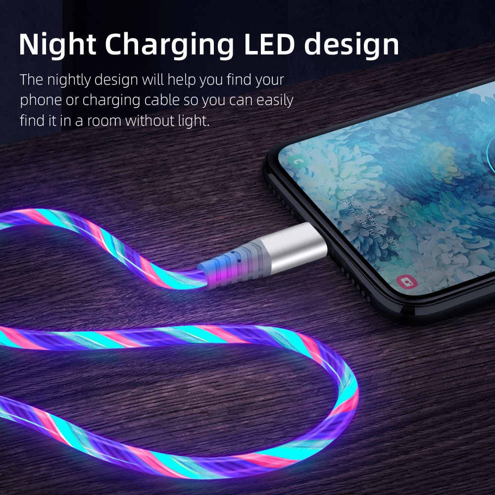 Nnbili 3a lysende opladningskabel led micro usb type c kabel hurtigopladning til huawei xiaomi lysende streamer usb c ledning