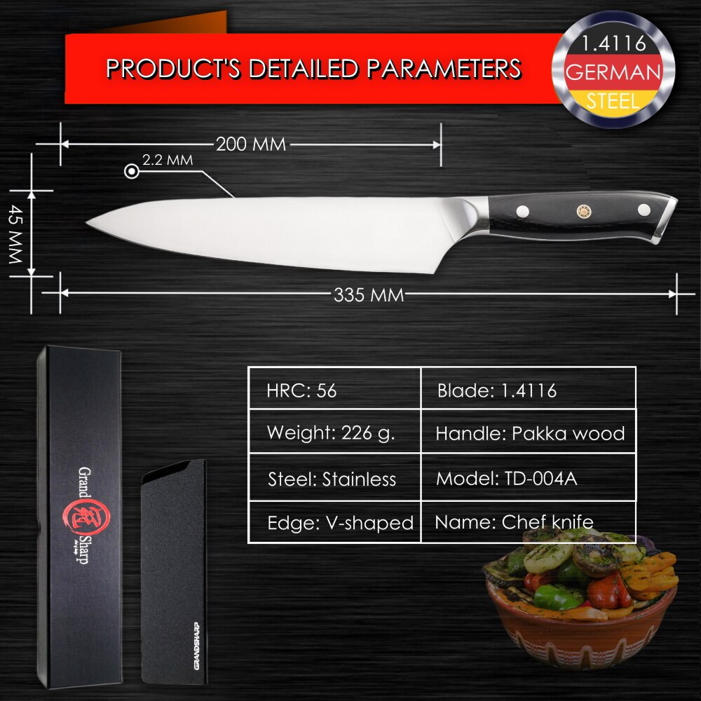 Chef Knife Set Germany 1.4116 High Carbon Steel Santoku Boning Cleaver Home Cooking Tools Japanese Kitchen Knives Christmas: 8 inch chef