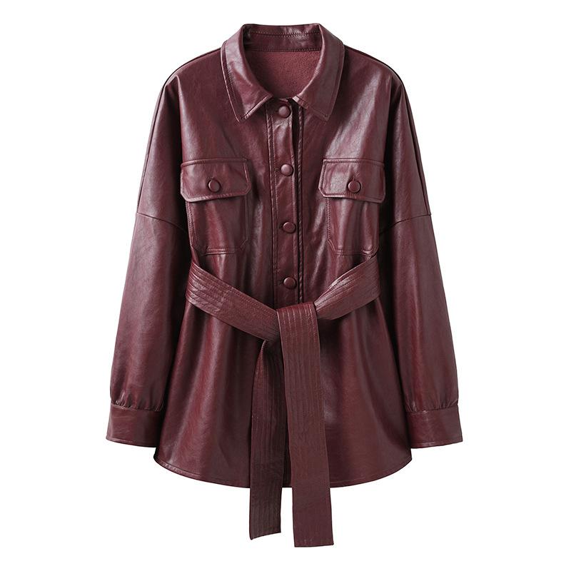 Lusumily skinnjakke kvinner knytebelte midjelommer yttertøy enkeltknappsfrakker burgunder casual faux pu jakker: Burgunder / S