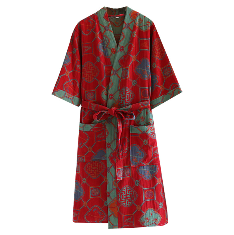 Paar Stijl Puur Katoenen Badjas Retro Mannen En Vrouwen Lente En Zomer Dunne Pyjama Absorberende Badjassen