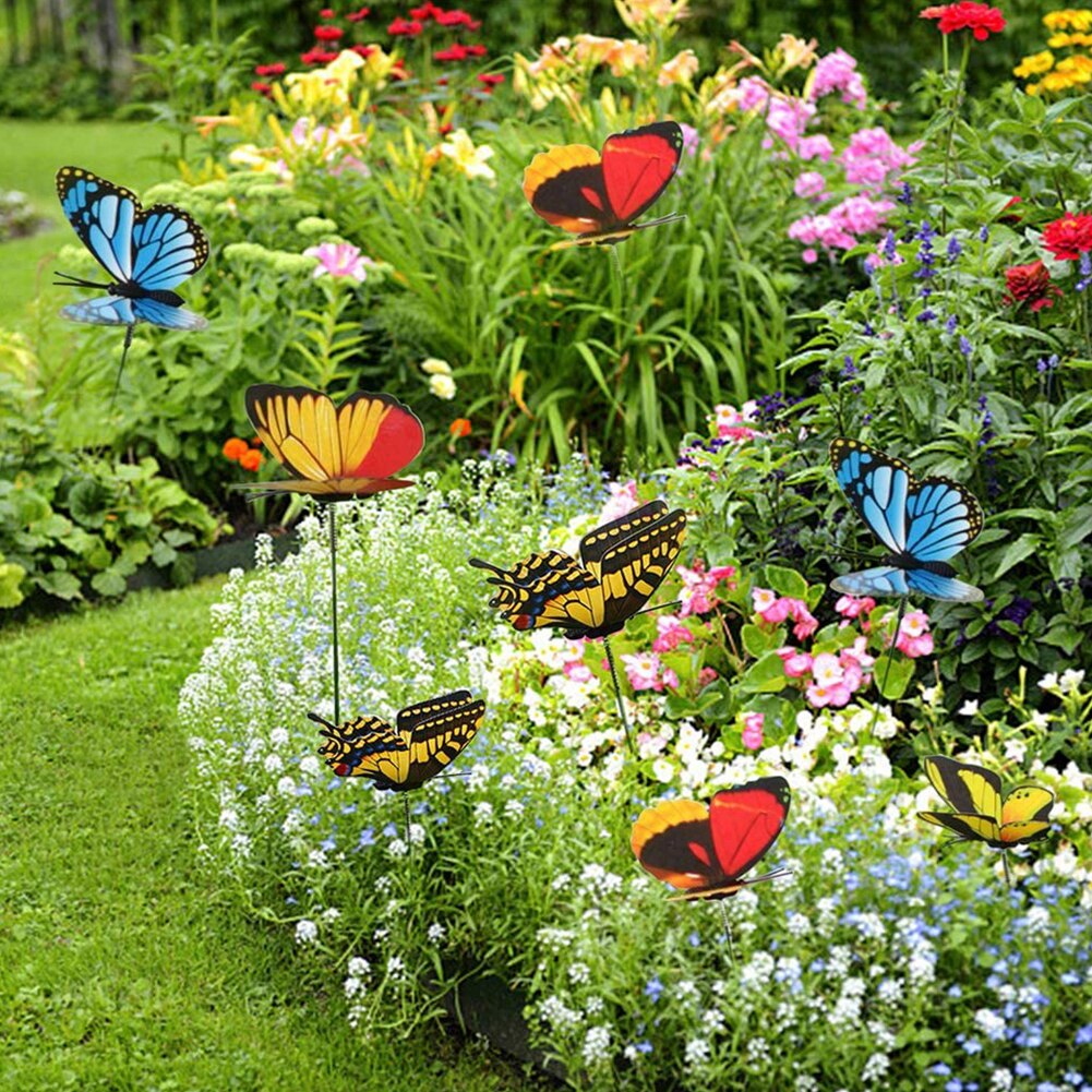 50Pcs Kleurrijke Kunstmatige Vlinder Met Staven Simulatie Nep Vlinders Ornamenten Decor Voor Tuin Bloempot Groene Plant Vaas