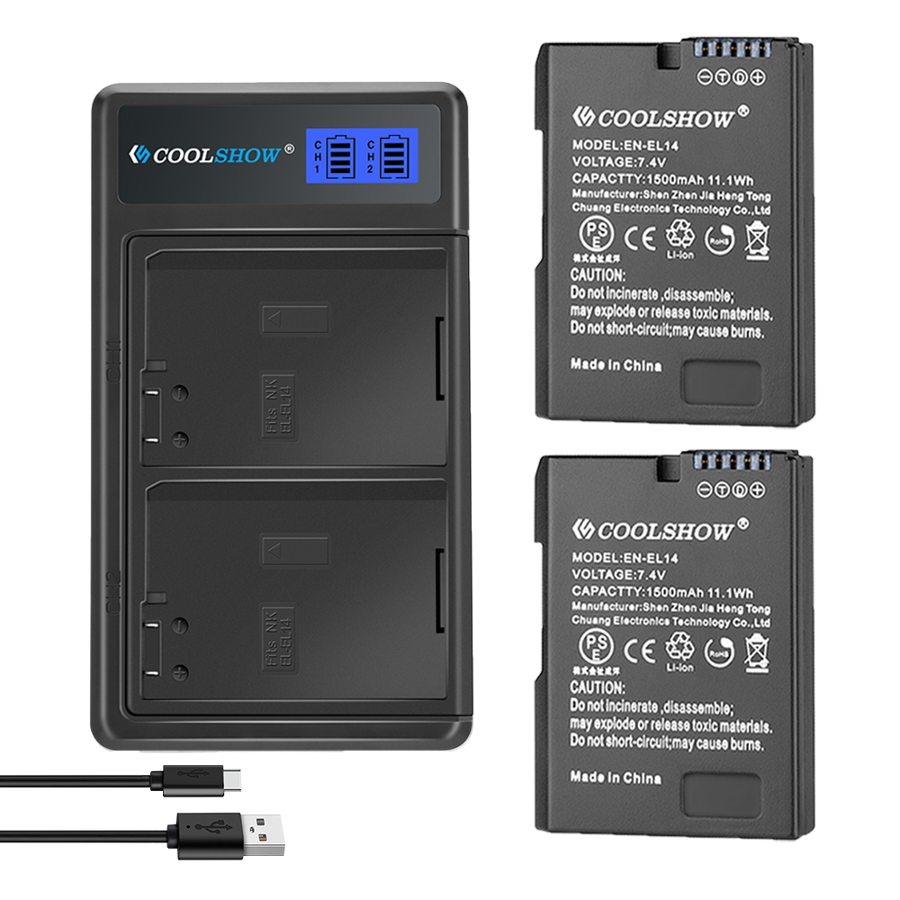 Enel 14 batteri 1500 mah til nikon  d3100 d3200 d3300 d3400 d3500 d5600 d5100 d5200 p7000 p7100 p7800 el14 batteri: 1 oplader 2 batteri