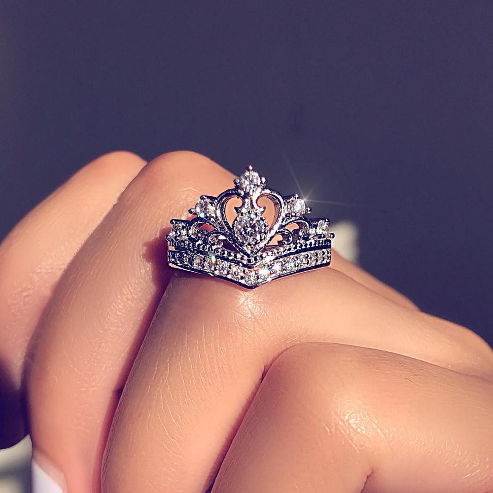 Hartvorm Kroon Ring Dames Zilveren Sieraden Vinger Ringen Voor Vrouwen Rhinestone Volledige Crystal Ring Vrouwelijke Trouwringen