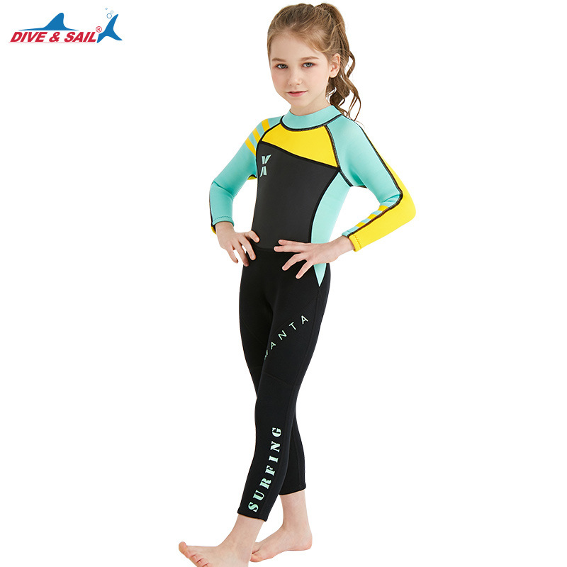 Lycra 2.5mm kids wetsuit girls long-sleeved surf suit, drifting suit,snorkeling suit,diving suit, quick-dry one-piece swimsuit: option2 / 135-145