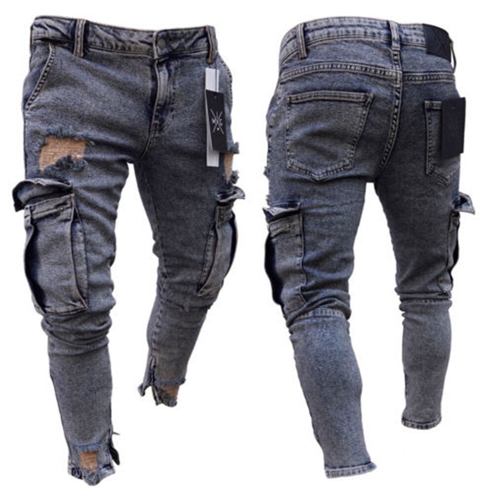 Heren jeans casual broek gerafelde slim fit lange denim broek gaten jeans