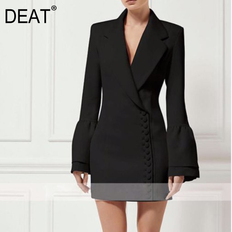[DEAT] Autumn Women's Clothing Clothing Flared Sleeve Slim-fit Single-Breasted Dress WI247