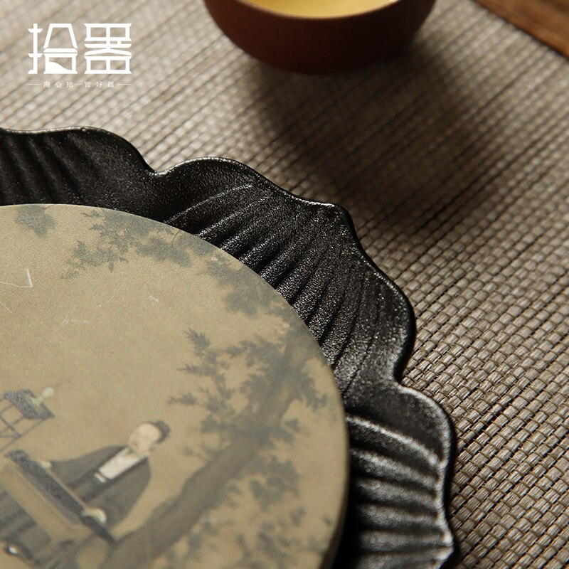 Absorbent ceramic dry brewing table, small tea tray, round lotus, Zen purple clay pot, teapot base, pot holder