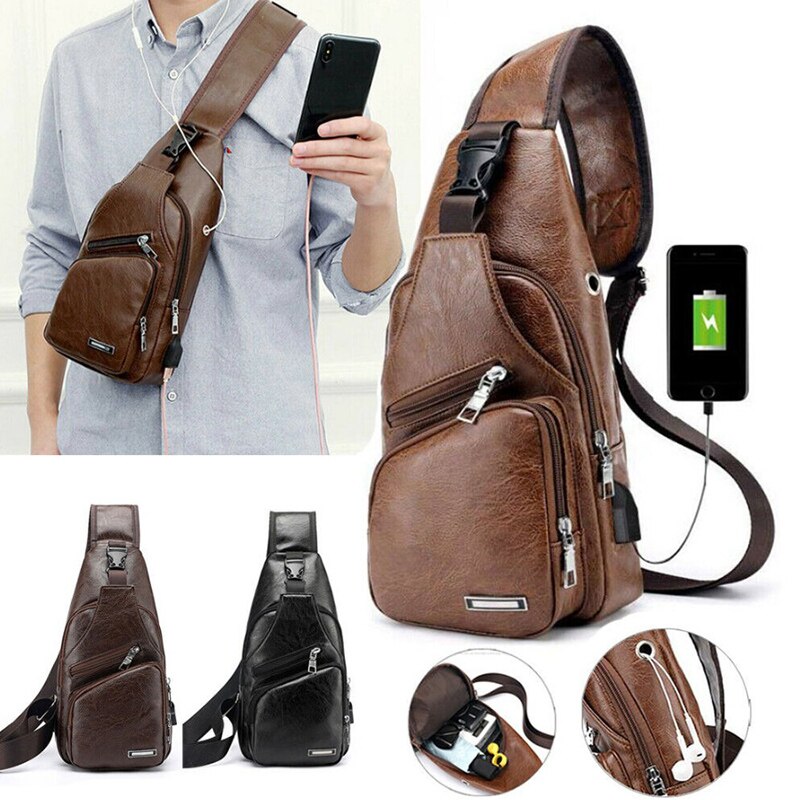 Bolso de pecho de piel auténtica para hombre, bandolera informal, a la , de gran capacidad, para negocios,