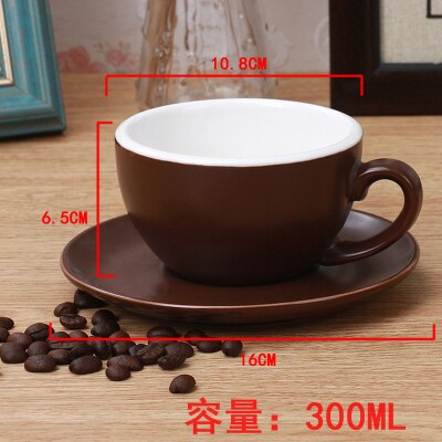 Tasse à café Cappuccino Macaron 240-300ml, en céramique, à bouche large, avec soucoupe, ensembles simples européens, épais et colorés: 300ml Matte Brown