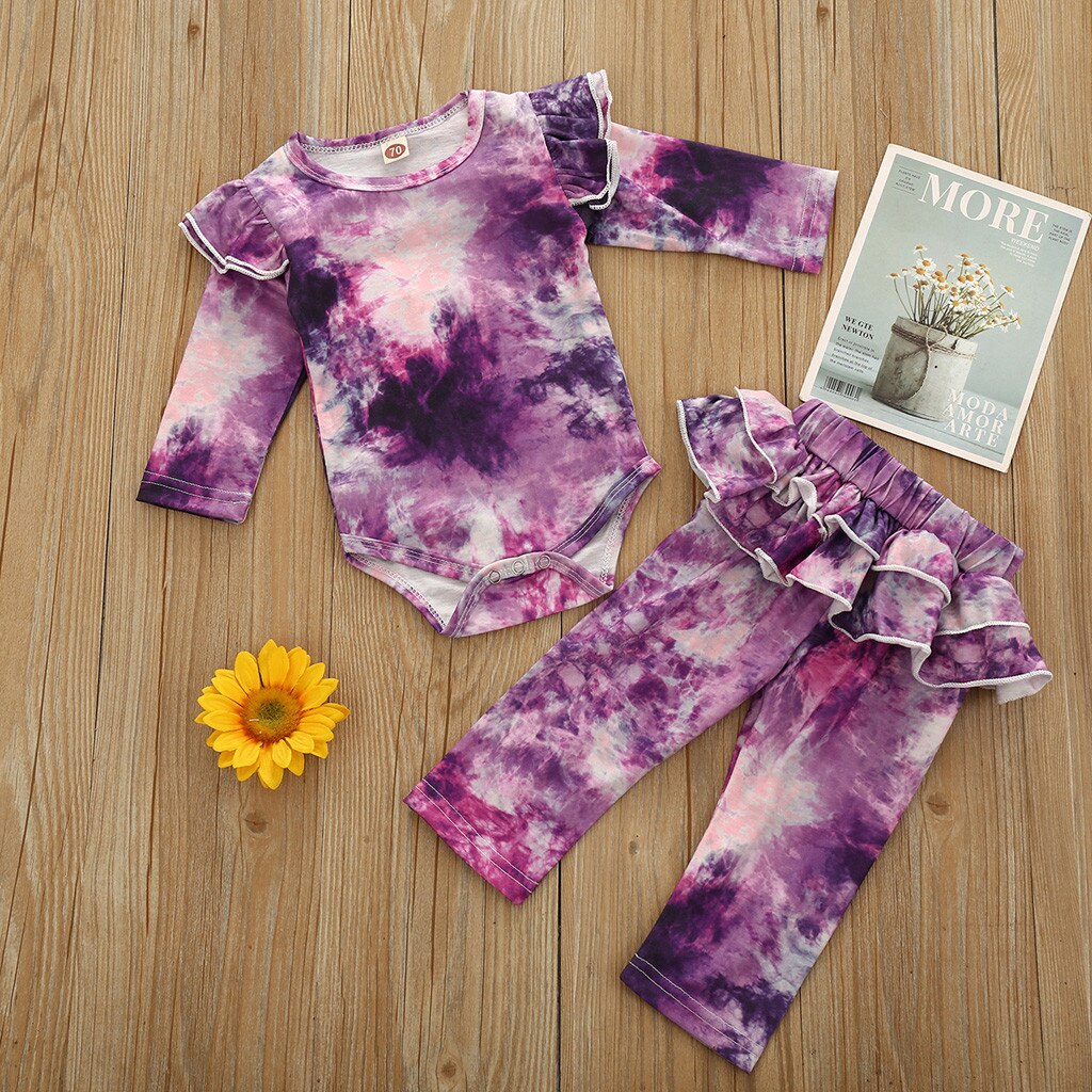 Peuter Baby Meisjes Tie Dye Kleding Geribbelde Gebreide Lange Mouwen Tops Shirt Broek 2 Stuks Fall Winter Outfits Pyjama Set # C: B / 6m