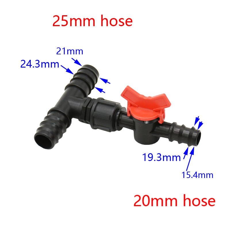 Puutarha 25mm to 20mm to 16mm letkua vähentävä tee venttiilillä puutarha vesijohtoveden jakaja liitin t-tyyppi 3- -tie pe putkiliitos 1 kpl: 25mm to 20mm
