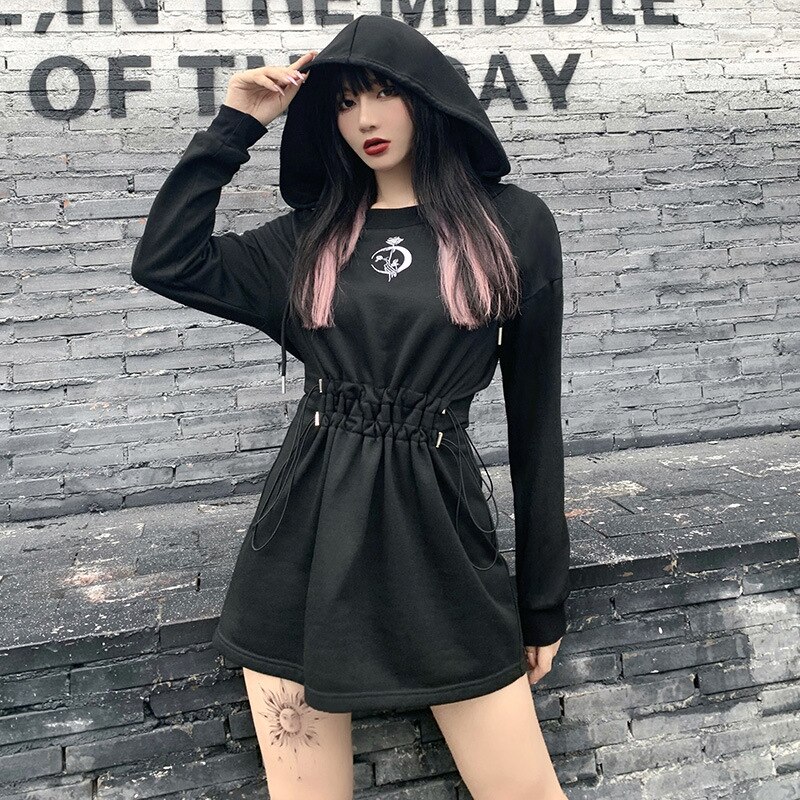 NCLAGEN gotisch Schwarz Punk Hoodies Kleid Mond Stickerei Rose Drucken Mit Kapuze Kleider Frauen Hohe Taille Kordelzug Vestidos de Mujer