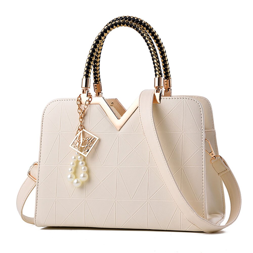 Bolso cruzado de piel sintética para mujer, bandolera de mano con colgante de perlas, bolso de mano: Beige